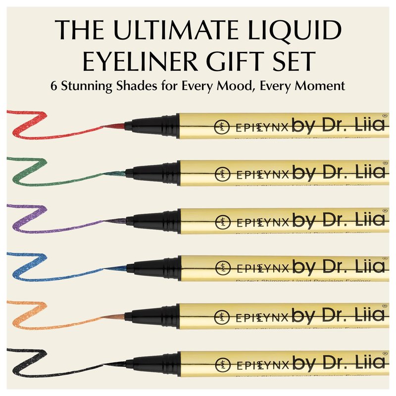 EPILYNX Liquid Eyeliner - Hypoallergenic Eyeliner with Fine Brush Tip, Long-Lasting Waterproof Eye Liner - Cruelty-Free, Vegan, Gluten-Free, Smooth Liquid Eye Liner - 6 Shades Gift Set