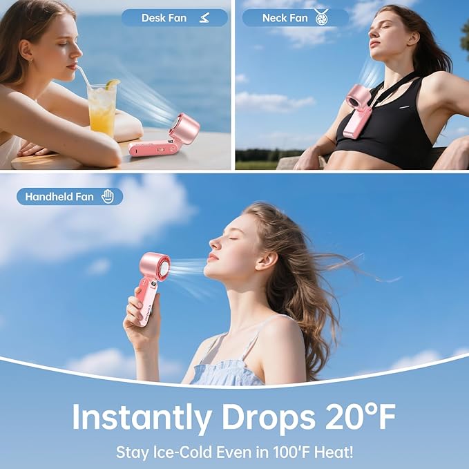 Coolhill Pro Handheld Portable Fan with Ice Cooler: 199-Speed 5500mAh Rechargeable Handheld Fan, 12H Time Hand Cooling Personal Fans with 20000 RPM Air Turbo Tech for Travel Outdoor (Pink)