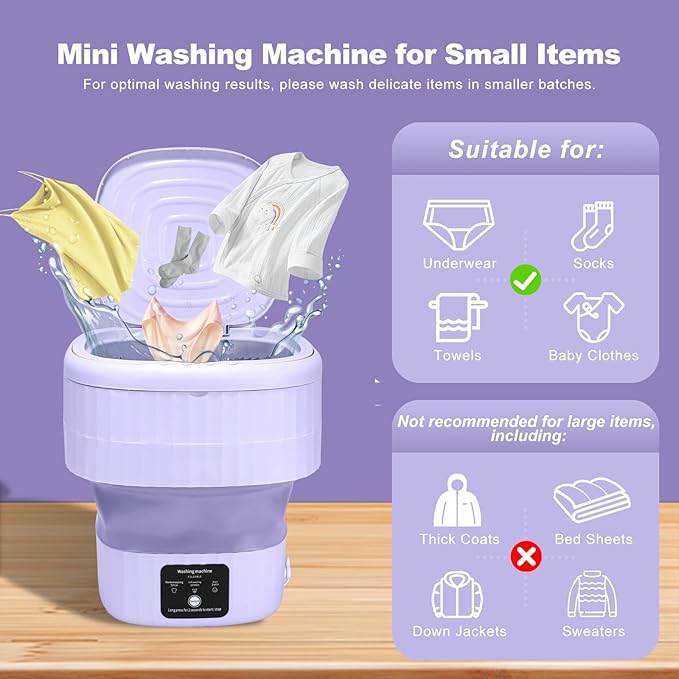 Portable Washing Machine, 9L Mini Foldable Washer with Spin Basket & 2 Cleaning Modes, Compact Laundry Machine for Home, Apartment, Hotel, Camping & Travel (Purple)