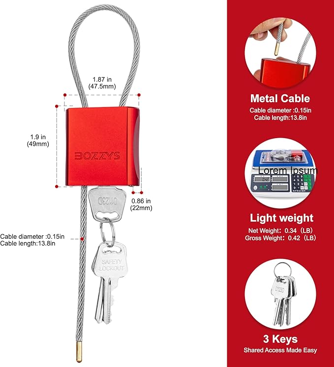 BOZZYS Cable Padlock with 3 Keys | L 1.15ft(0.35m),D 1/6in(4mm) Adjustable Steel Cable Lock | Aluminum Locks for Bikes, Gate, Lockers & Outdoor Gear | Weatherproof & Red