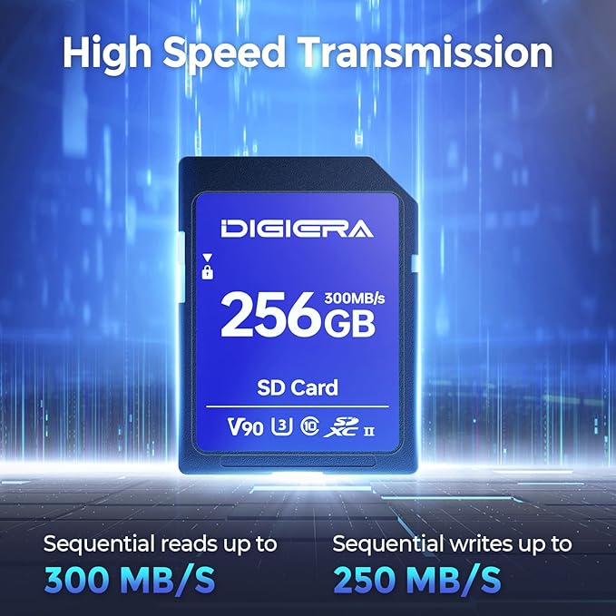 DIGIERA 256GB LSU200 SDXC UHS-II Memory Card - up to 300MB/s, C10, U3, V90, 8K, SD Card for Computers, Digital Cameras, Home Theatre Devices, Car Navigation Systems (2 Pack)