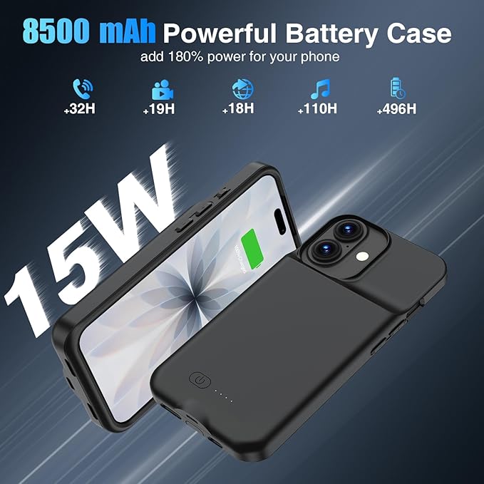 GIN FOXI Battery Case for iPhone 17, Charging Case Charger 8500mAh Ultra-Slim Lightweight Powerful Battery Pack 15W Fast Rechargeable Anti-Fall TPU Juice Box for iPhone 17 (6.3") Black