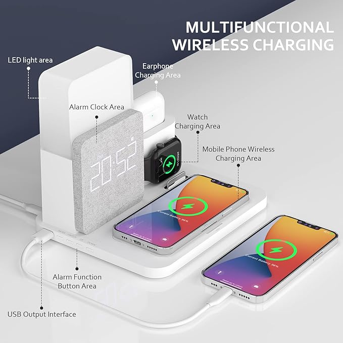 COLSUR Wireless Charging Station, 3 in 1 Charging Station, Alarm Clock with Wireless Charger