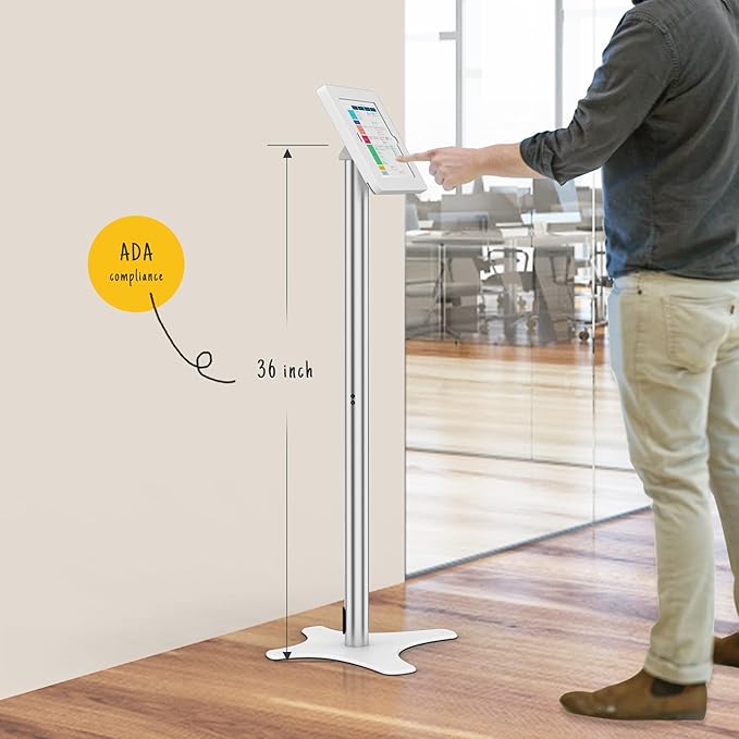 Beelta Tablet Floor Stand Compatible with 10.2" iPad 7 8 9, Rotate Lockable Metal Tablet Enclosure+Aluminum Pole+Metal Base - BSF302WT