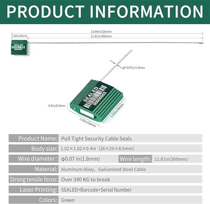 LeadSeals 100 Green Steel Cable Seals With Barcode - High Security Numbered Truck Anti-Tamper Pull Tite Tags - Metal Container Shipping Self-Locking Safety Ties ISO 17712