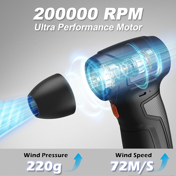 Tomzio Electric Air Duster, 200,000 RPM 8000mAh Rechargeable Compressed Air Alternative with 6 Brushes, Handheld Blower for Car Bike, Workshop, Grill, 3D Printing, Slide Speed Control (Orange)