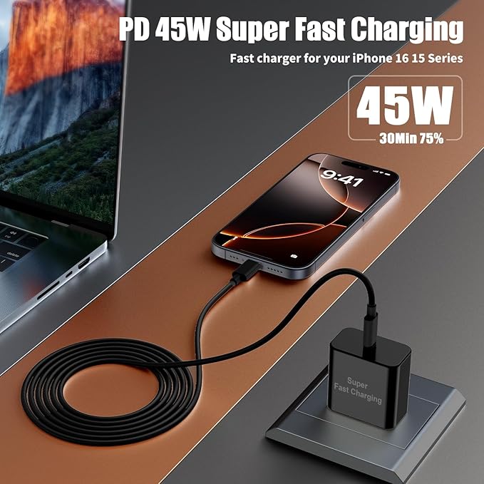 iPhone 17 16 Pro Max Charger Fast Charging, Super Fast USB C Chargers for iPhone 17 (6FT+6FT+10FT) Type C Chargers Cord with Fast Charger Block for iPhone 17/16/15 Series/iPad/ GalaxyS26/S25 Black