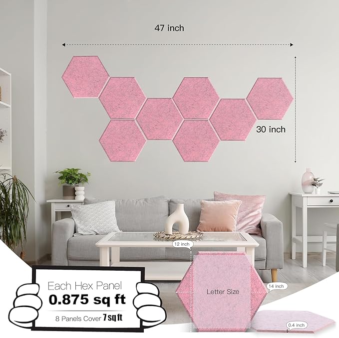 Mollywell Hexagon Acoustic Panels 14x12 - Reduce Echo & Reverb, Noise Blocking Wall Tiles for Bedroom & Dressing Room, Smoky Pink Sound Absorbing Panels