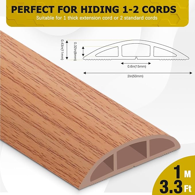 JAHOMFAI Floor Cord Cover 3.3FT Cord Covers for Wires on Floor Protect Wires & Prevent Trip Hazards, Easy to Cut for Home, Office, School, Concerts, Cavity W0.6in x H0.32in