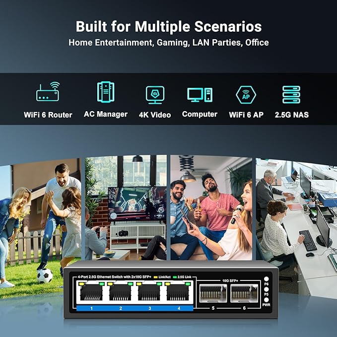 GiGaPlus 6 Ports 2.5Gb Unmanaged Ethernet Switch with 4* 2.5G Base-T Ports, 2* 10G SFP+ Ports. 2.5Gbps Network Switch for 2.5Gbps NAS/PC, WiFi6 Router, Wireless AP. Fanless Design, Plug and Play