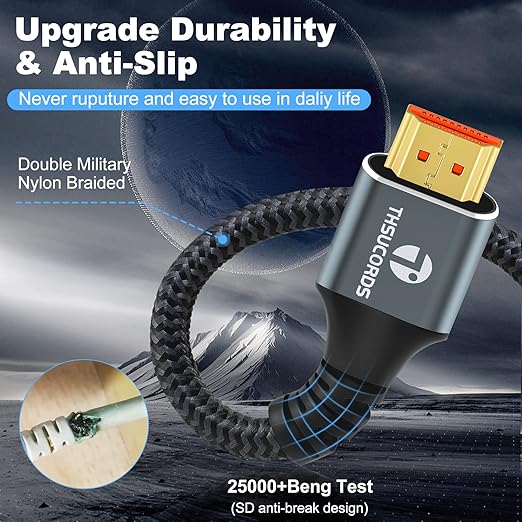 Thsucords 8K 4K HDMI Cable 10FT, High Speed Braided HDMI to HDMI 2.1 Cord Supports 8K@60Hz, 4K@120Hz 144Hz 48Gbps Compatible with Roku TV/PS5/HDTV/Blu-ray
