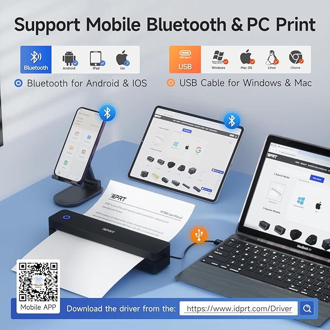 iDPRT Portable Printer Wireless for Travel - Bluetooth Mobile Printer Support for 8.5"x11" US Letter, Inkless Compatible with iOS, Android, Laptop for Office, Car and Home (300DPI, Black)