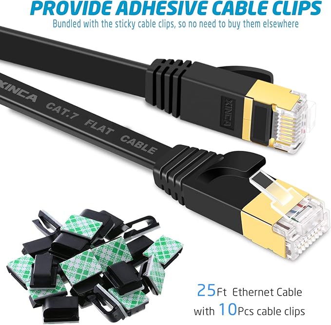 XINCA Cat 7 Flat Ethernet Cable 25ft Black, High Speed 10GB Shielded (STP) LAN Internet Network Cable Ethernet Patch Computer Cable with Rj45 Connectors and 10pcs Adhesive Clips