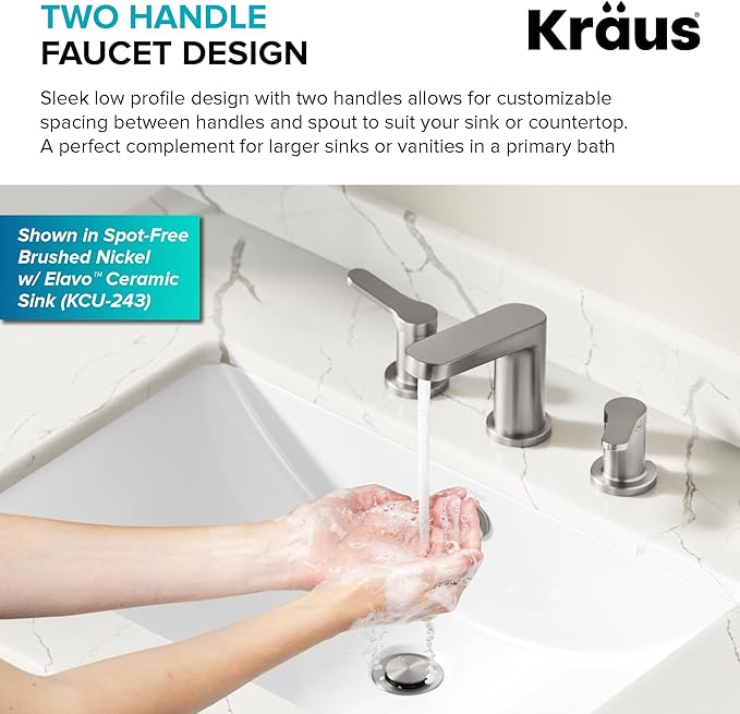 KRAUS Indy Widespread Bathroom Faucet in Matte Black with 2 Handles, Pop Up Drain and Supply Lines, FUS-14103MB