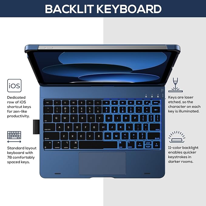typecase Touch iPad 11th 10th Generation Case with Keyboard (11" 2025, A16 & 10.9" 2022) – 360° Rotatable, 11-Color Backlit, Multi-Touch Trackpad, Pencil Holder, Thin & Light – Midnight Blue
