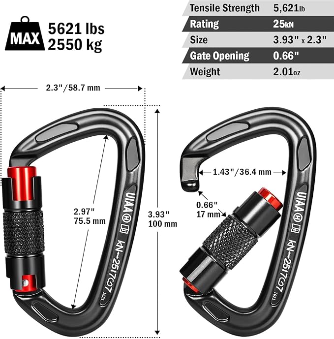 FresKaro Twist Lock Carabiner Clips, Auto Locking and Heavy Duty, Climbing carabeaner Large, for Rock Mountain Tree Climbing, Rappelling, Arborist, Firefighter, Dog, Hammock, Caribeener Keychain Black