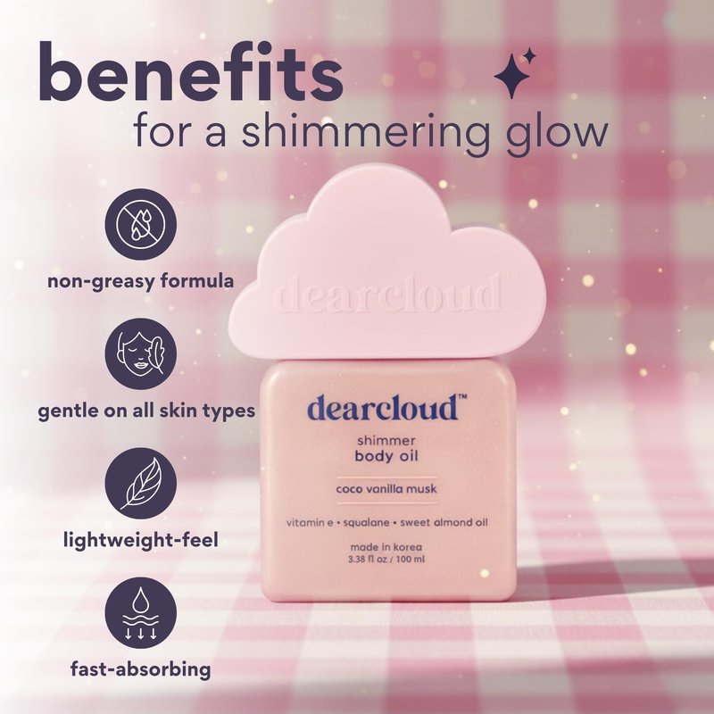 dearcloud Shimmer Body Oil - Coco Vanilla Musk - Hydrating & Nourishing Body Oil (3.38 fl oz)