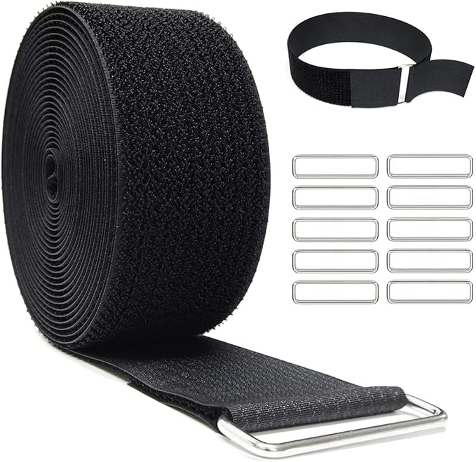 YMCRLUX 2"x16ft Reusable Cinch Strap with 10 Metal Buckles, Cut-to-Length Fastening Securing Straps, Adjustable Nylon Cable Straps and Cord Ties for Organizer or Storage, 2 inch Wide, Black