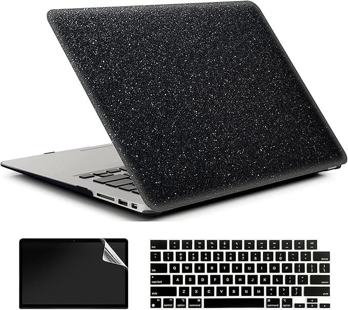 AMCJJ Compatible with MacBook Air 13 Inch Case 2017 2016 2015 2014 2013 2012 2011 2010 Release A1466/A1369, Shiny Plastic Hard Shell Case & Keyboard Cover,Glitter Black