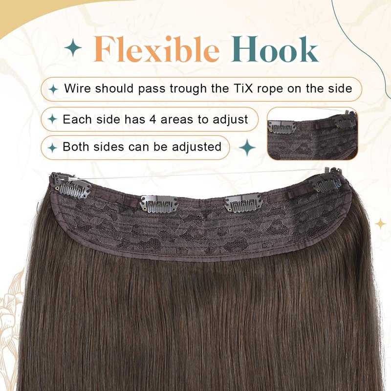 Sindra Wire Hair Extensions Real Human Hair, 4 Medium Brown Invisible Wire Hair Extensions, 14inch 70g Transparent Seamless Fish Line Hairpiece for Women