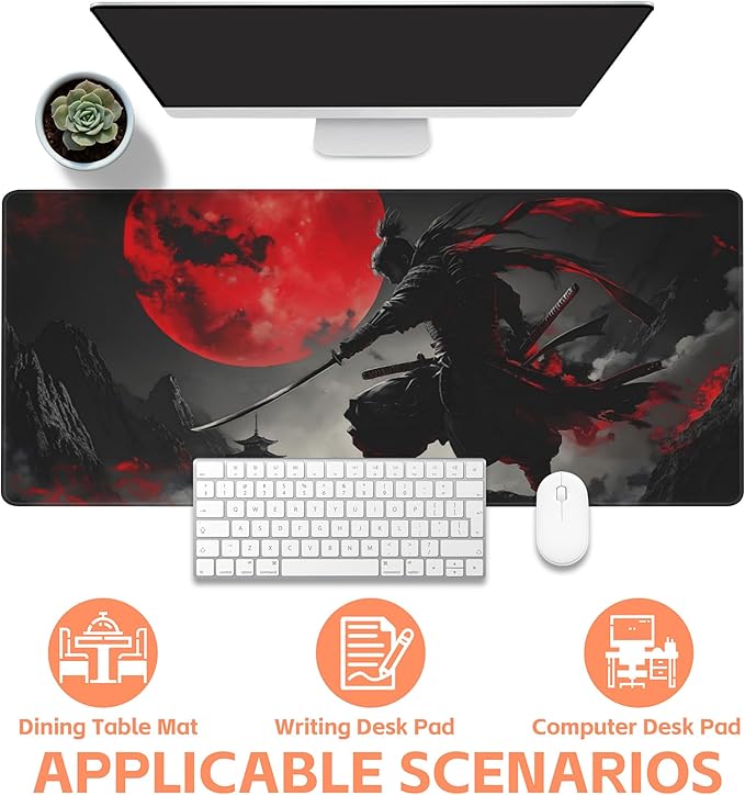 NIYLYNSYN Mouse Pad Large Anime Samurai Non-Slip Gaming Desk Mat with Stitched Edge Laptop Keyboard Desk Pad for Work Home Gaming (35.4 x 15.7 Inches)