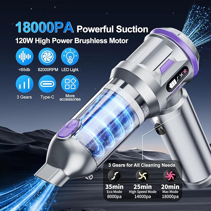 Car Vacuum Portable Cordless, 18000pa Mini Vacuum Cleaner, 4 in 1 Portable Car Vacuum Cleaner 120W High Power Handheld Vacuum Cordless Rechargeable With Air Duster&LED Light for Cars Home Office Pet