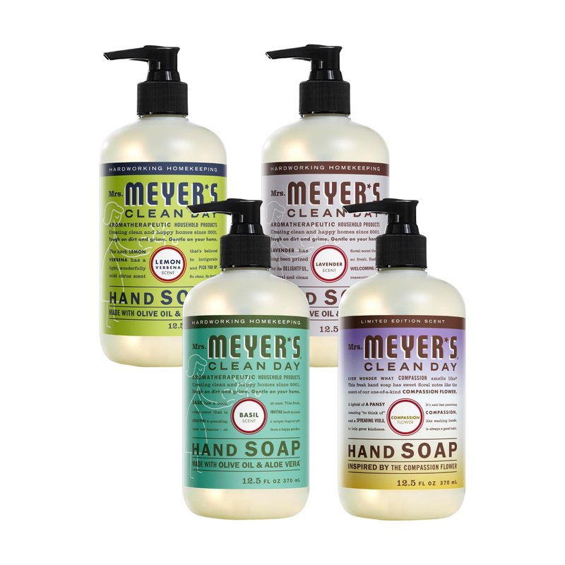 Mrs. MEYER'S Clean Day Liquid Hand Soap 4 Pack Variety, Lemon Verbena, Lavender, Basil, Compassion Flower, 12.5 OZ Each, 1 CT