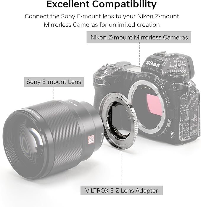 VILTROX E-Z Lens Adapter Auto Focus Adapter Compatible with Sony E-Mount Lens to Mirrorless Nikon Z-Mount Cameras Z5 Z50 Z6 Z6II Z7 Z7II Zfc