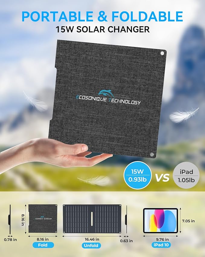 Ecosonique 15W Small Solar Panel Charger with USB-C & USB-A ETFE Foldable