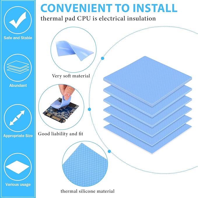 Frienda 6 Pcs Thermal Pad 100 x 100 Mm, 0.5, 1, 1.5, 2, 2.5, 3 mm Heat Resistant Conductive Silicone Thermal Pads Conductivity 6.0 W/M for Laptop Heatsink CPU Gpu LED Cooler(Blue)