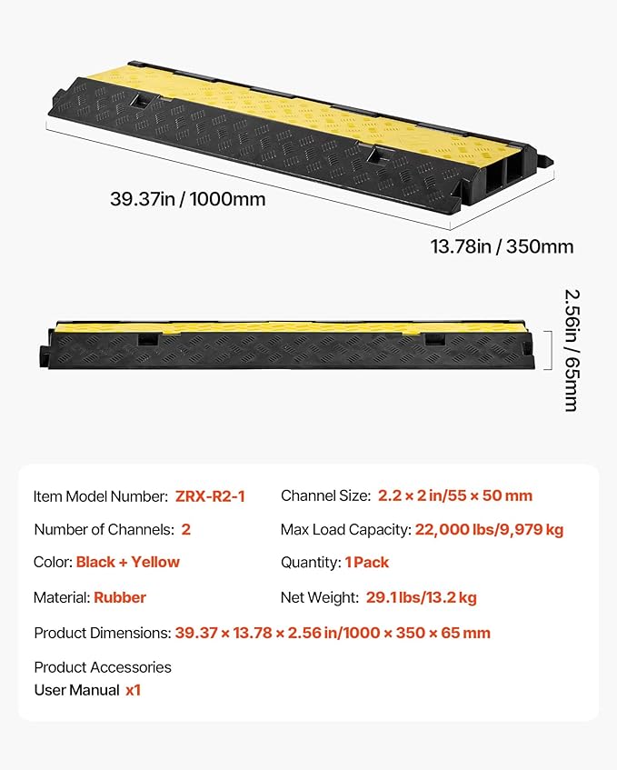 VEVOR Cable Protector Ramp, 2 Channel Heavy Duty 39.37'' Rubber Cord Hose Wire Cover, 2.2''W x 2''H Large Channel Size, Traffic Speed Bump with Flip-Open Top Cover, for Indoor Outdoor Use