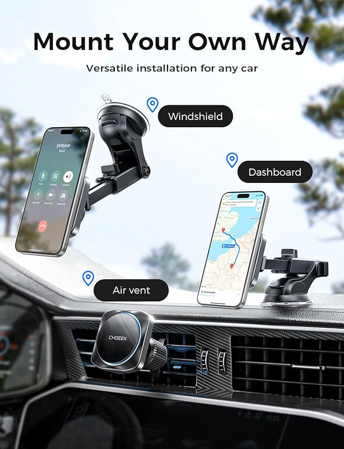 CHGeek for 15W Magsafe Car Mount Charger, Wireless Car Charger Magnetic Car Phone Holder Mount Fit for iPhone 16 15 14 13 12 Magsafe Case, Vent/Windshield/Dash Phone Mount Holder Fast Cooling Charger