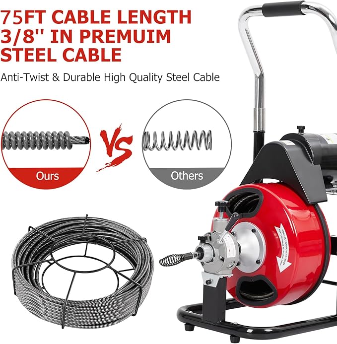 Garvee K-300ZF 3/8 in 75 ft 1 red&black Electric Drain Cleaner Machine - Automatic Auger for 1 to 4 in Pipes, Portable Design, 4 Cutters, Foot Switch Control, and Includes Gloves.