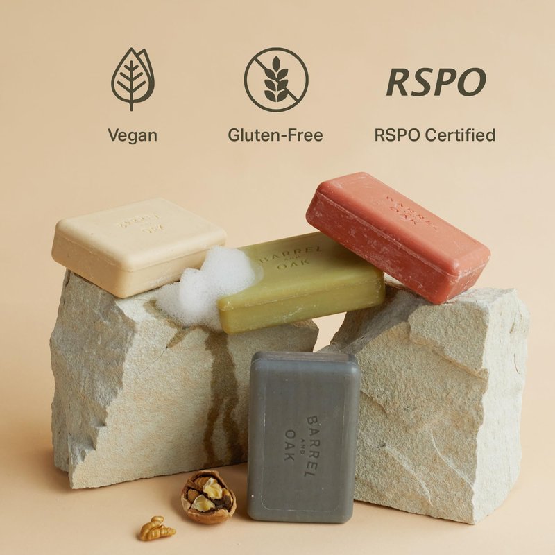 Barrel & Oak Exfoliating Bar Soap for Men, Kaolin Clay with Charcoal, Walnut Shell Powder, Olive Stone, and Essential Oils, Long-Lasting Bar Soap, Vegan, SLS-Free, Black Oak, 3-Pack