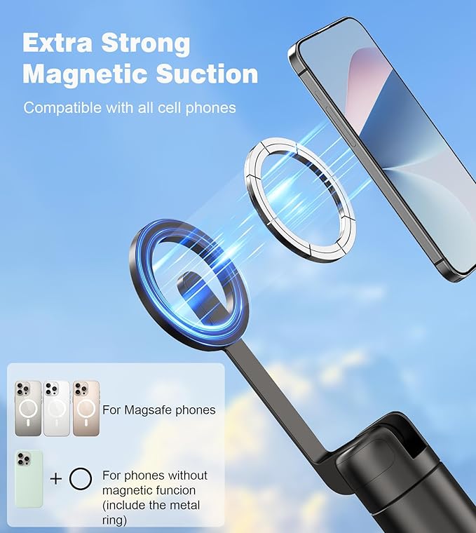 68" Magnetic Selfie Stick Tripod for iPhone,Portable Cell Phone Tripod Stand for Magsafe with Rechargeable Remote, 360° Rotation Aluminum Phone Holder for Video Recording/Live Stream/Travel Black