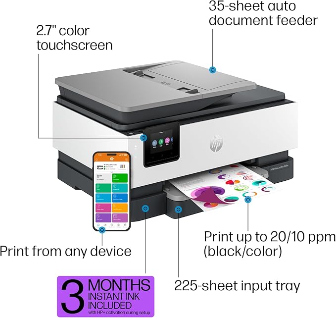 HP OfficeJet Pro 8125e Wireless All-in-One Color Inkjet Printer, Print, scan, Copy, ADF, Duplex Printing Best-for-Home Office, 3 Month Instant Ink Trial Included, AI-Enabled (405T6A)