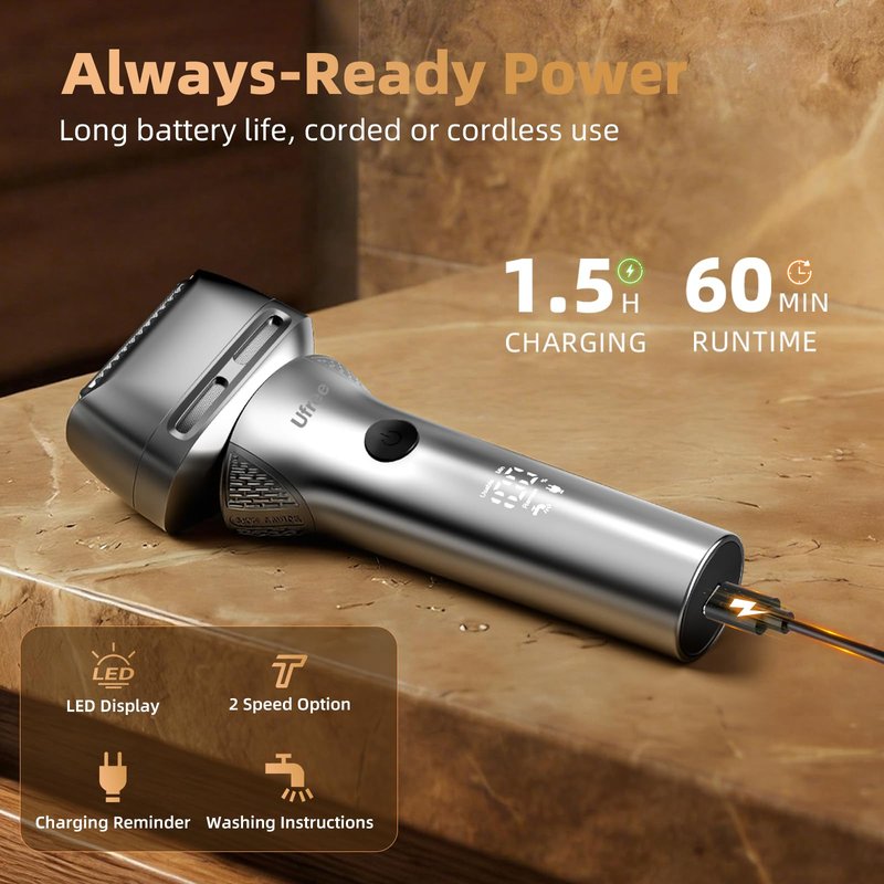 Ufree Foil Shaver with Pop-Up Trimmer, 8,500 RPM Electric Razor for Men, Wet & Dry Electric Shaver with 2 Speed Modes, LED Display, Rechargeable Cordless, IPX7 Waterproof, Silver