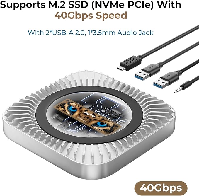 40Gbps Aluminum Hub & Stand for New M4/M4 Pro Mac mini (2024) with 40Gbps NVMe/M.2 SSD Enclosure, 2X USB-A, USB-C Host, 3.5mm Audio – Compatible with All New Mac mini M4/M4 Pro