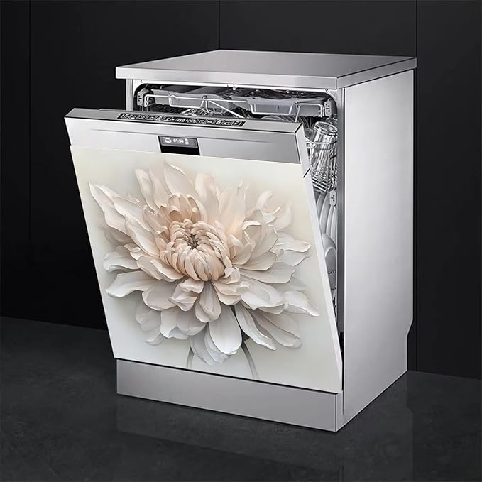 White Floral Magnetic Dishwasher Cover 23x26 | Reusable Appliance Skin for Dishwasher, Fridge, Washer | No-Residue Vinyl, Renters-Friendly, Scratch Hider | Housewarming