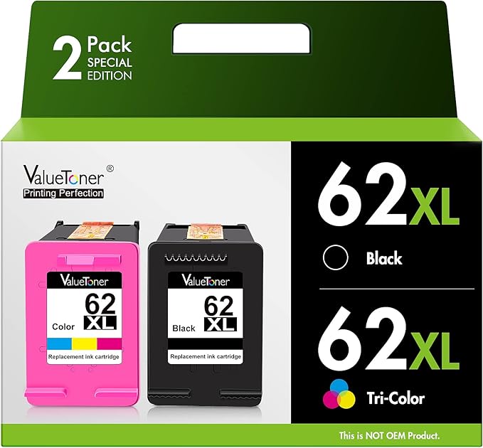 62XL Ink Cartridges for HP Ink 62 for HP 62XL Ink Cartridge Combo Pack Works with HP Envy 7640 7645 5660 5540 5640 7644 OfficeJet 5740 5741 8040 OfficeJet 200 250 258 Series (2-Pack, 1 Black 1 Color)