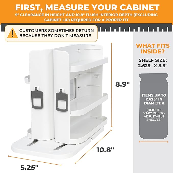 Cabinet Caddy SNAP! Spice Rack Organizer for Cabinet - Slide & Rotate Seasoning Organizer - 4 Snap-In Adjustable Shelves for 5 Tier of Storage - Magnetic Modular Design - 8.9âH x 6.1âW x 10.8âD