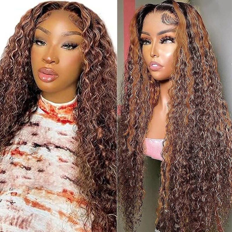 Bafamiya Highlight Brown Human Hair Wig P4/30 Curly Wave Lace Front Wigs Brown 20 Inch 13x6 Wigs Human Hair 200% Density Real Pre Plucked Brazilian Hair For Black Women