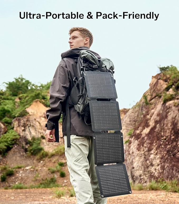 65W Solar Panel,Foldable Portable Solar Panel,25.4% High-Efficiency, PD 45W USB-C Port,QC3.0 USB-A Port,DC5521 Output, Folding IP 68 Waterproof Solar Panels with Carabiners for Camping