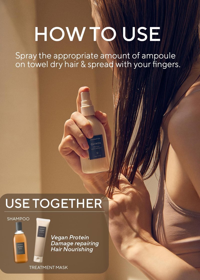 AROMATICA Quinoa Protein Hair Ampoule 3.38 fl. Oz - Vegan Protein Hair Growth Serum for Silky Hair | Nourishing Dry, Damaged Hair | Silicone Free