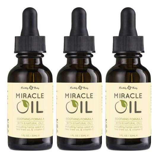 Earthly Body Miracle Oil, 1 fl. oz. - 3 Pack - 100% Natural Tea Tree Oil, Hemp Seed Oil & Vitamin E - Moisturizer, Calms Skin Irritations, Helps Smooth Wrinkles - Gluten Free, 100% Vegan