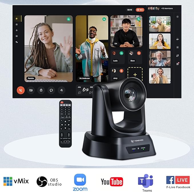 TONGVEO Wireless AI PTZ 20X Zoom Camera with Auto-Tracking: Built-in 5.8GHz Receiver for Cable-Free Setup, 1080P 60fps Conference Camera for Church Services, Online Classes & Hybrid Meetings