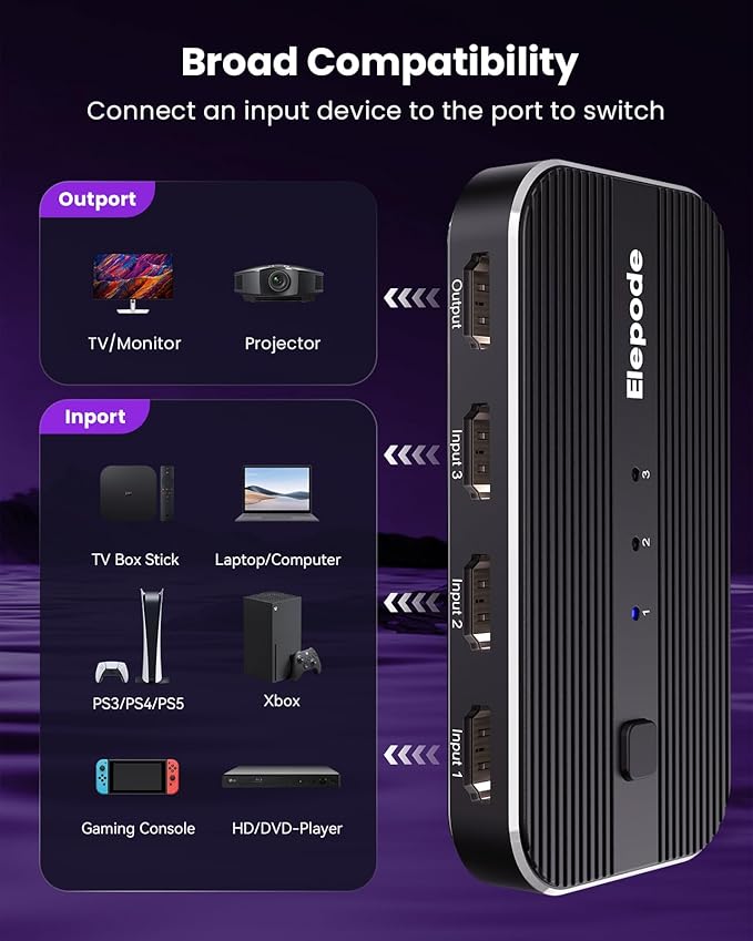 HDMI Switch 3 in 1 Out 4K@60Hz, 3 Port HDMI Switch 3 in 1 Out with Remote Support HDCP2.2 Compatible with Dolby Nintendo Switch PS5/4/3 Xbox Roku TV Fire Stick Blu-Ray Player