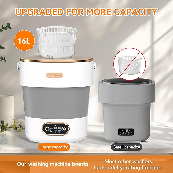 Portable Washing Machine, Folding 16L Mini Washer and Spin-Dryer With Hanger, Large Capacity Small Compact Laundry Machine of Underwear, Baby Clothes, for Apartments, Dormitories, RV, Travel, (White)