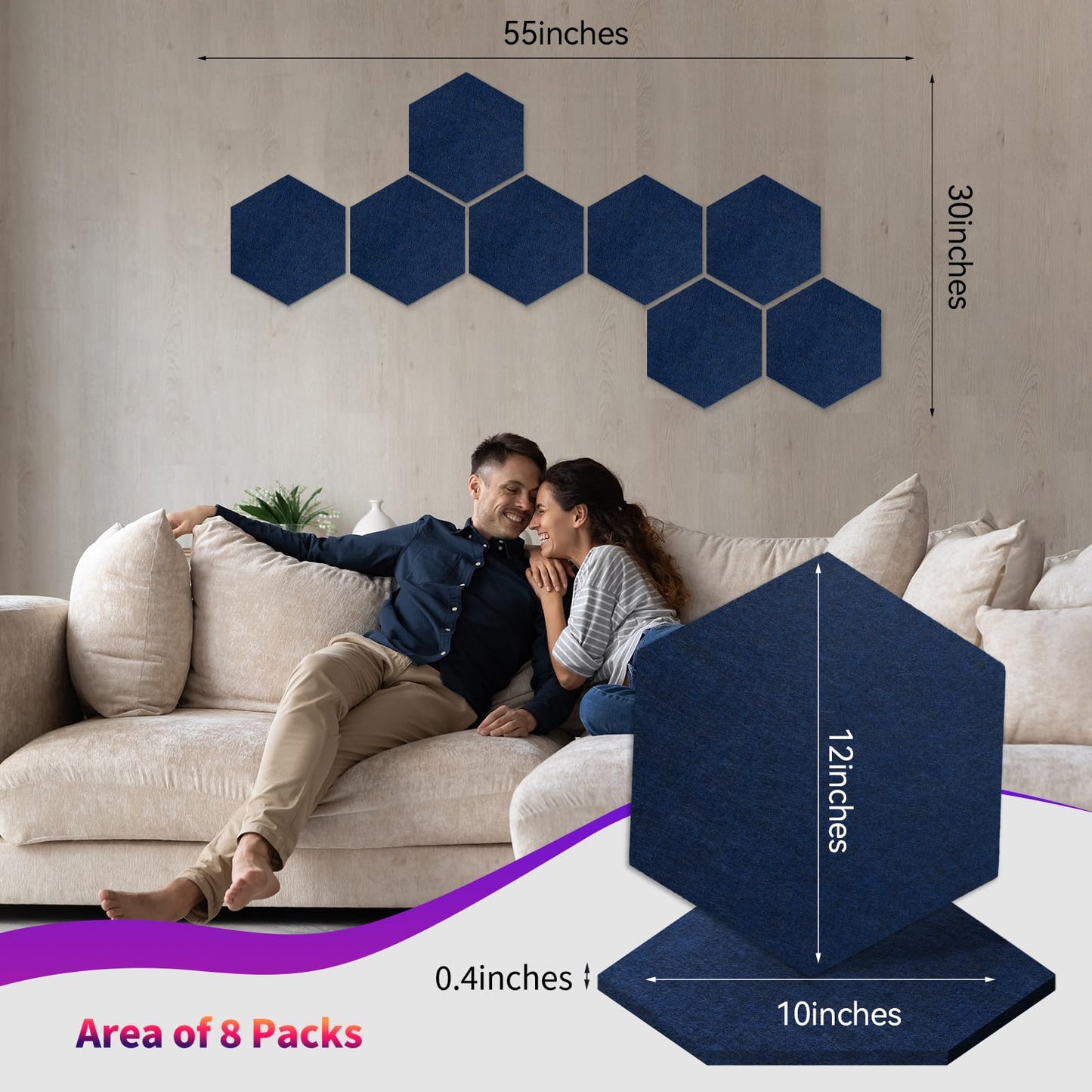 Mollywell Hexagon Acoustic Panels, Deep Blue, 8 Pack, 14x12 in