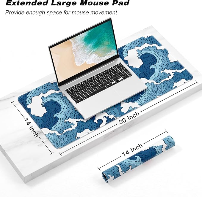 Atufsuat Extended Gaming Mouse Pad, Japanese Blue White Wave Mousepad, XL Large Mouse Mat Desk Pad 30 x 14 Inch, Waterproof Anime Mouse Pad with Stitched Edges and Non-Slip Base for Office Gaming